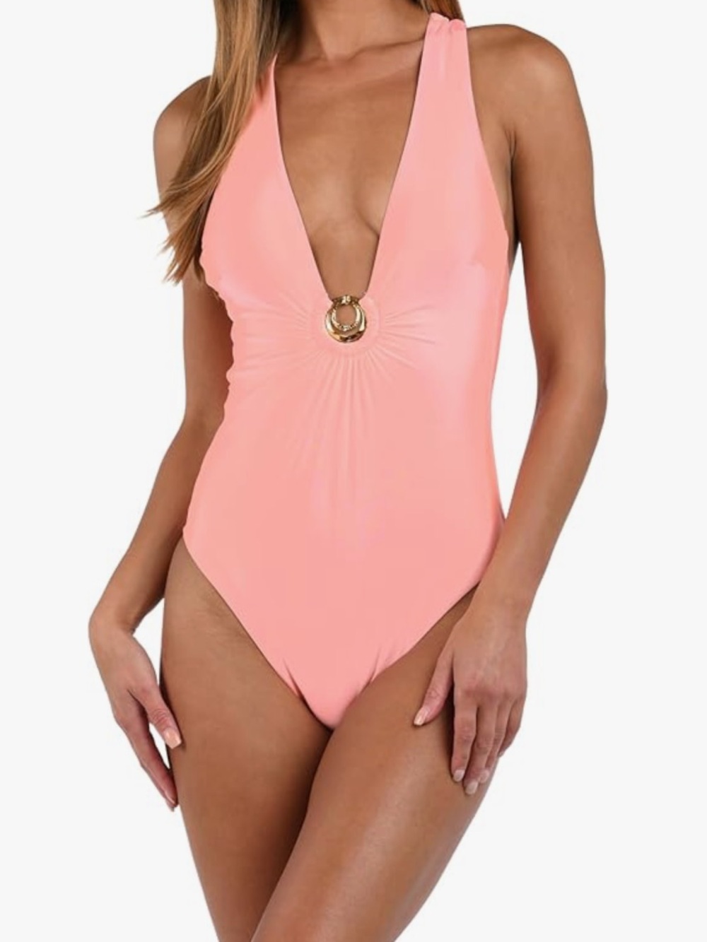 NWT Coral Pink One-Piece Swimsuit with Gold Ring Detail